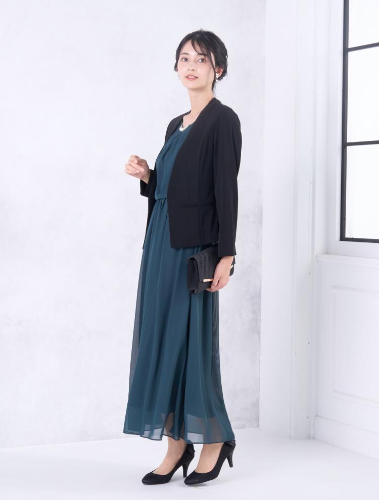 【M/L】袖スリットレースロングドレス（グリーン）DPSET0682