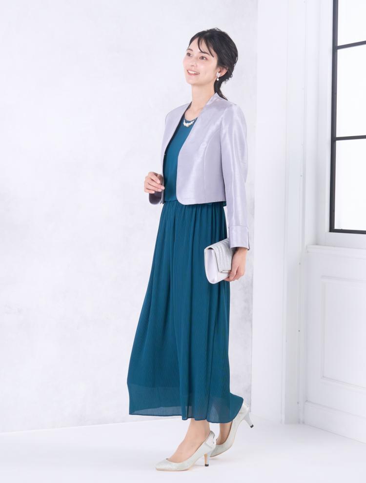 【M/L】フレア袖プリーツドレス（グリーン）DPSET0685