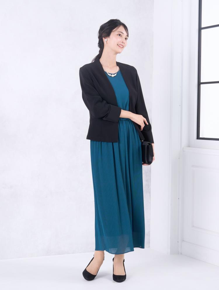 【M/L】フレア袖プリーツドレス（グリーン）DPSET0686