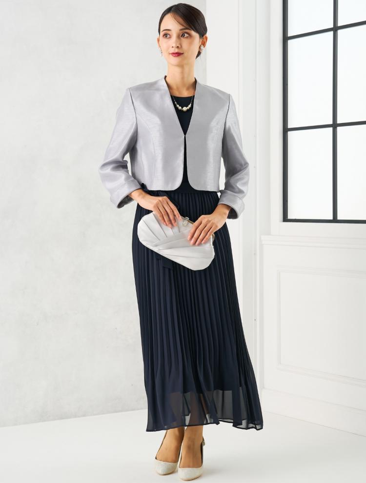 【M/L】ベルト付きプリーツミモレ丈ドレス（ネイビー）DPSET0687