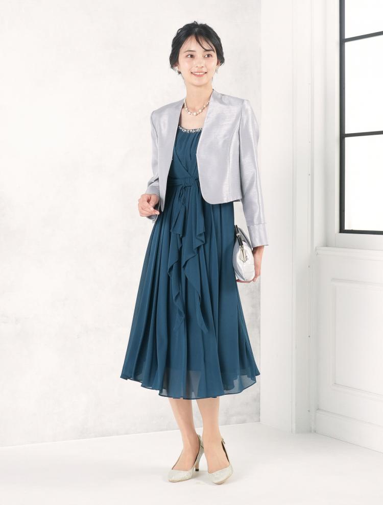 【M】ミディ丈衿パールラッフルドレス（グリーン）DPSET0700