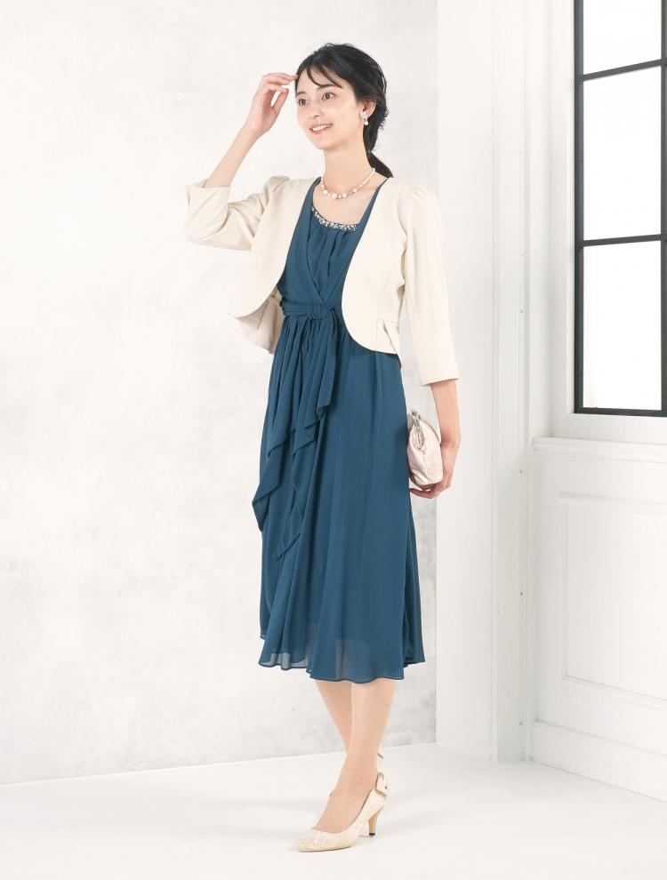 【M】ミディ丈衿パールラッフルドレス（グリーン）DPSET0701