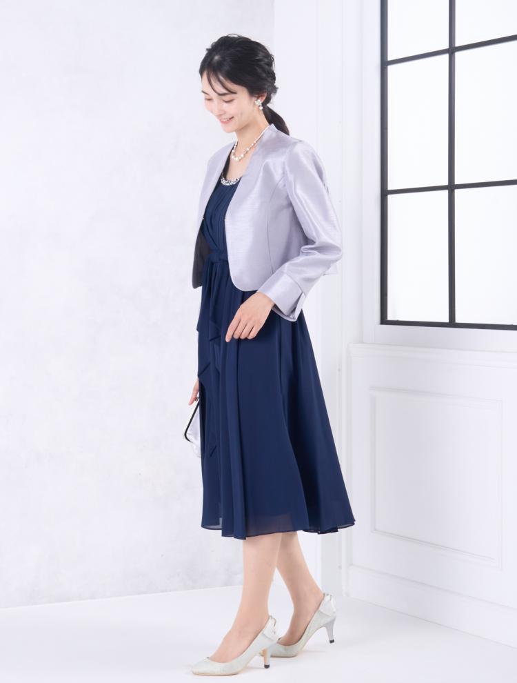 【M】ミディ丈衿パールラッフルドレス（ネイビー）DPSET0702