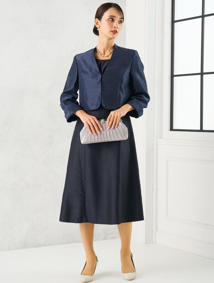 【M】ミディ丈シャンタンドレス（ネイビー）DPSET0706