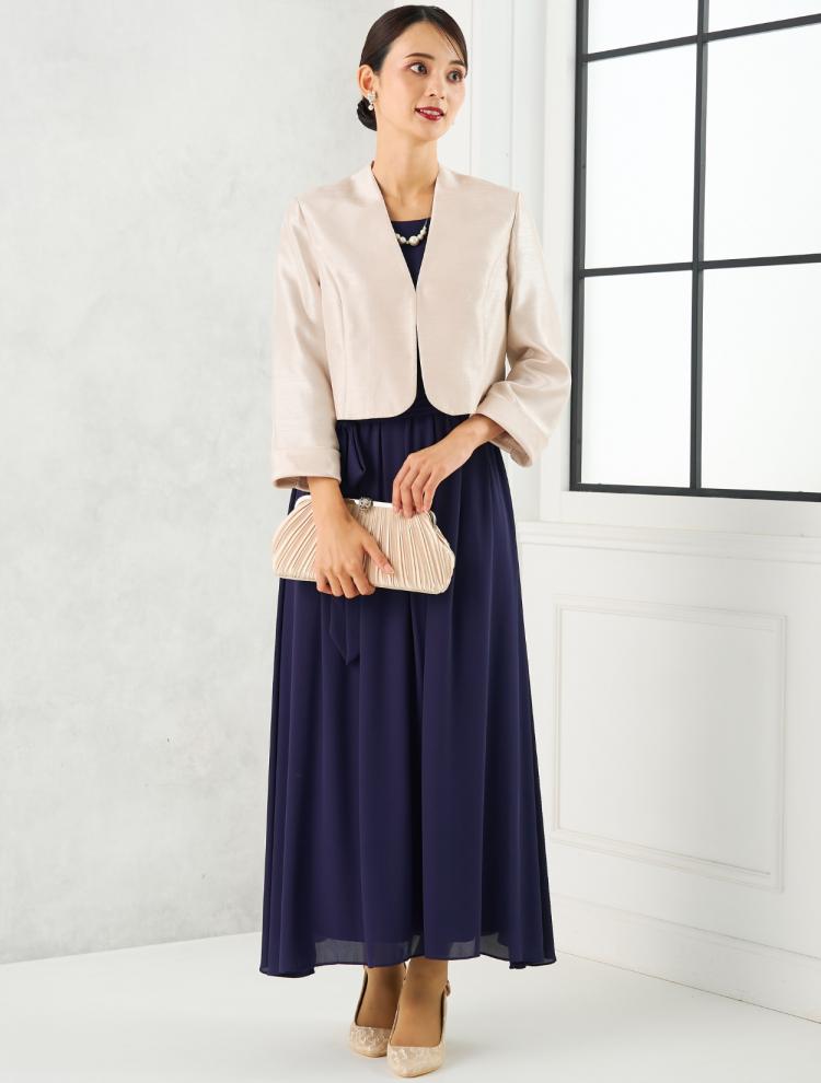 【M/L】袖レースロングドレス（ネイビー）DPSET0715