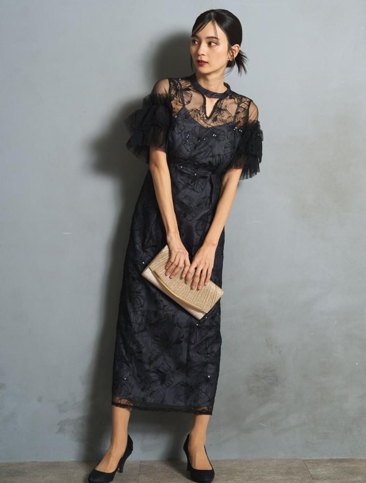 【M/L】スパンコール刺繍レースドレス（ブラック）DPSET0749