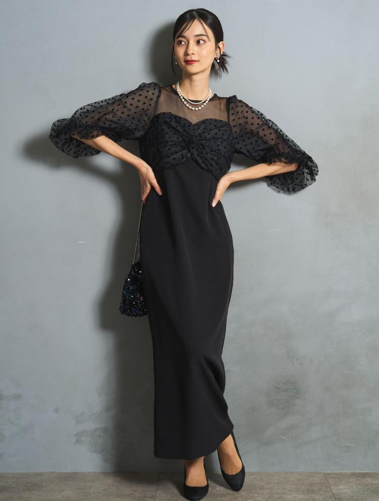 【M】フロッキードットペンシルロングドレス（ブラック）DPSET0750
