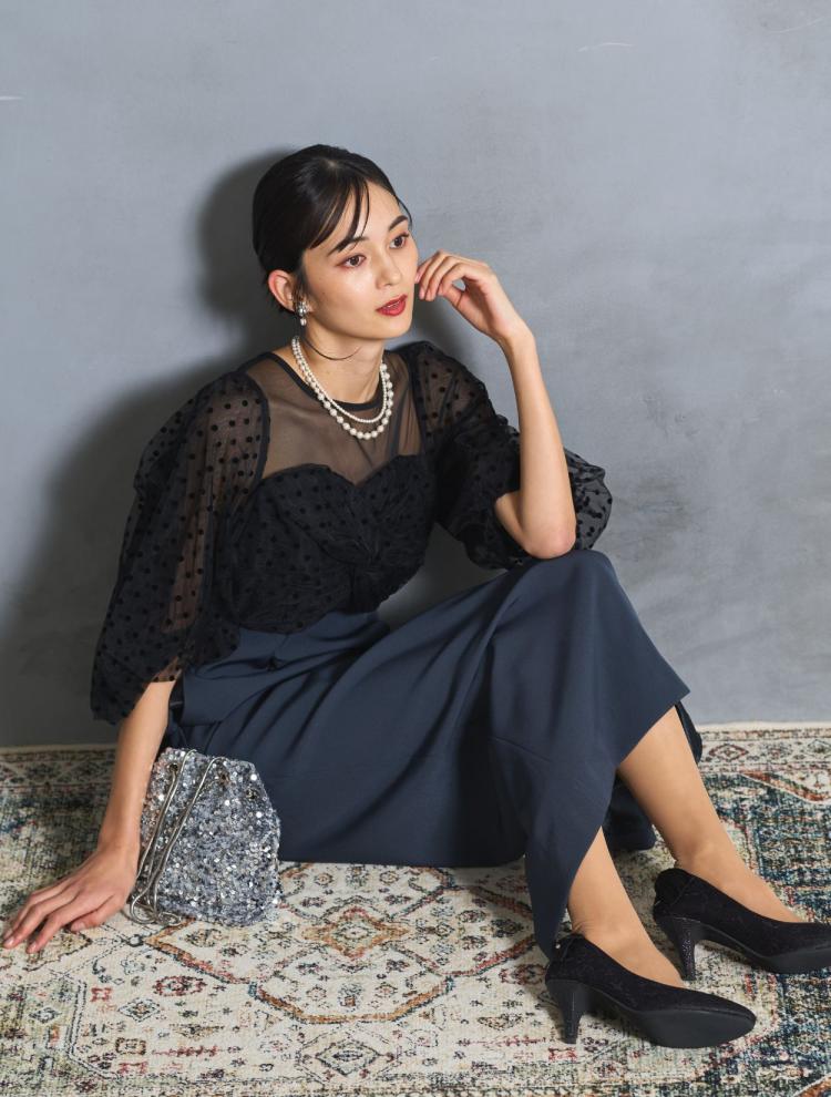 【M】フロッキードットペンシルロングドレス（Cグレー）DPSET0753