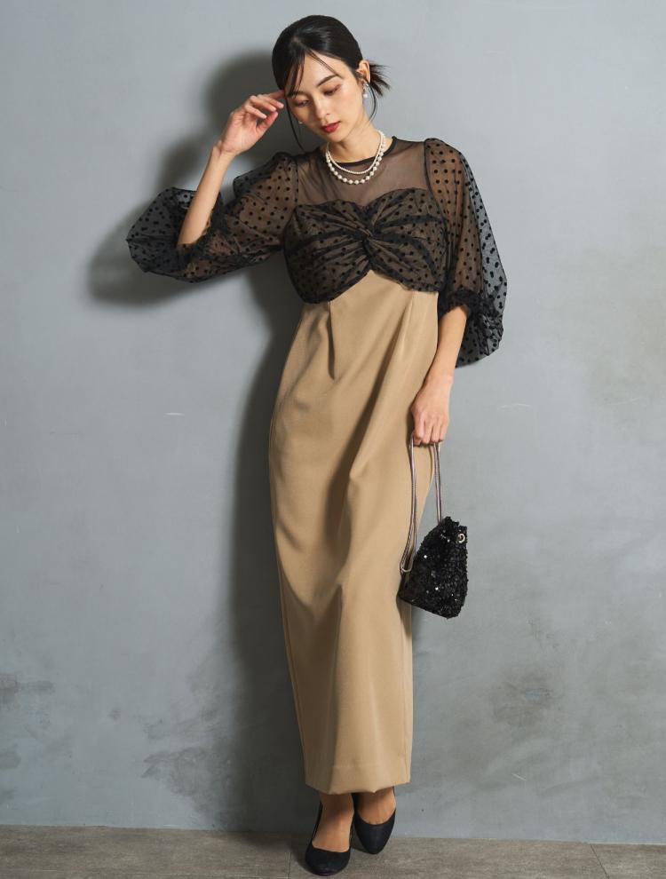 【M】フロッキードットペンシルロングドレス（ベージュ）DPSET0754