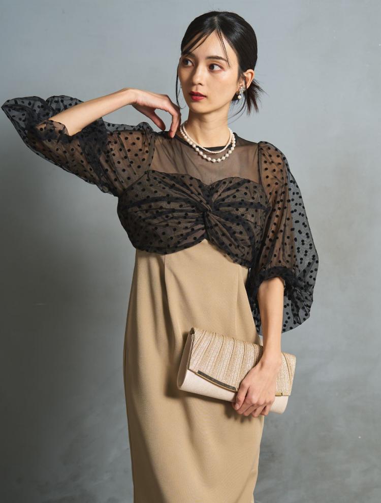 【M】フロッキードットペンシルロングドレス（ベージュ）DPSET0755