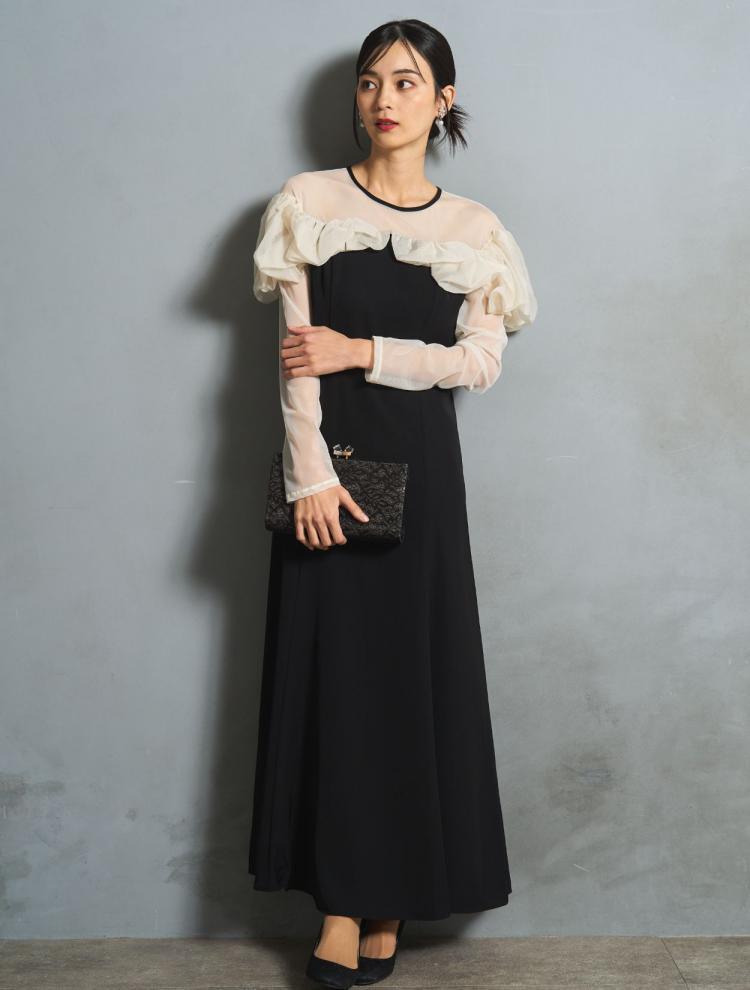 【M/L】ラッフルフリルロングスリーブドレス（ブラック）DPSET0756