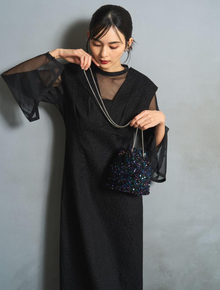 【M/L】シアートップス付きジャガードドレス（ブラック）DPSET0760