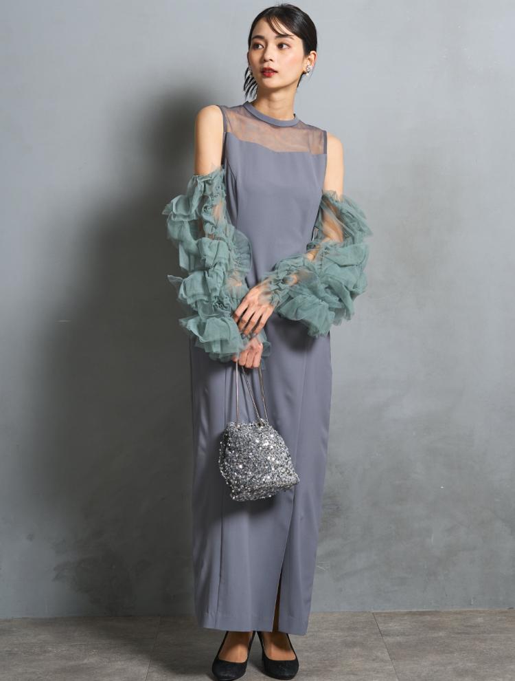 【M/L】チュールスリーブドレス（グレー）DPSET0783