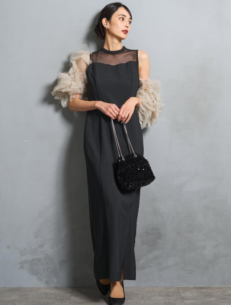 【M/L】チュールスリーブドレス（ベージュ）DPSET0785