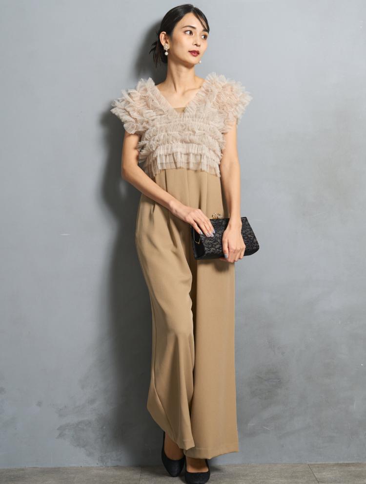 【S/M/L】チュールTOPS付オールインワンドレス（ベージュ）DPSET0791