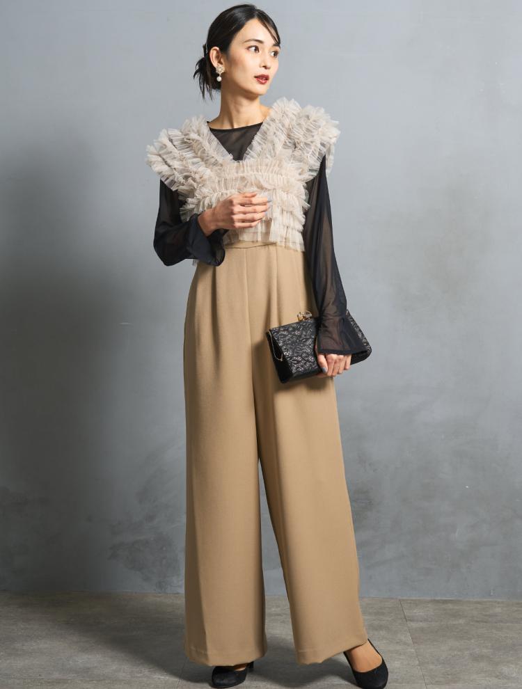 【S/M/L】チュールTOPS付オールインワンドレス（ベージュ）ブラウスセットDPSET0792