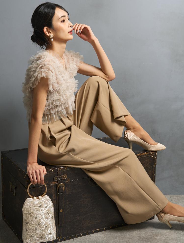 【S/M/L】チュールTOPS付オールインワンドレス（ベージュ）DPSET0793