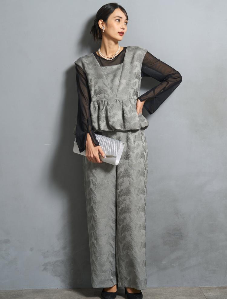 【S/M/L】ジャガードセパレートパンツドレス（グレー）ブラウスセットDPSET0802