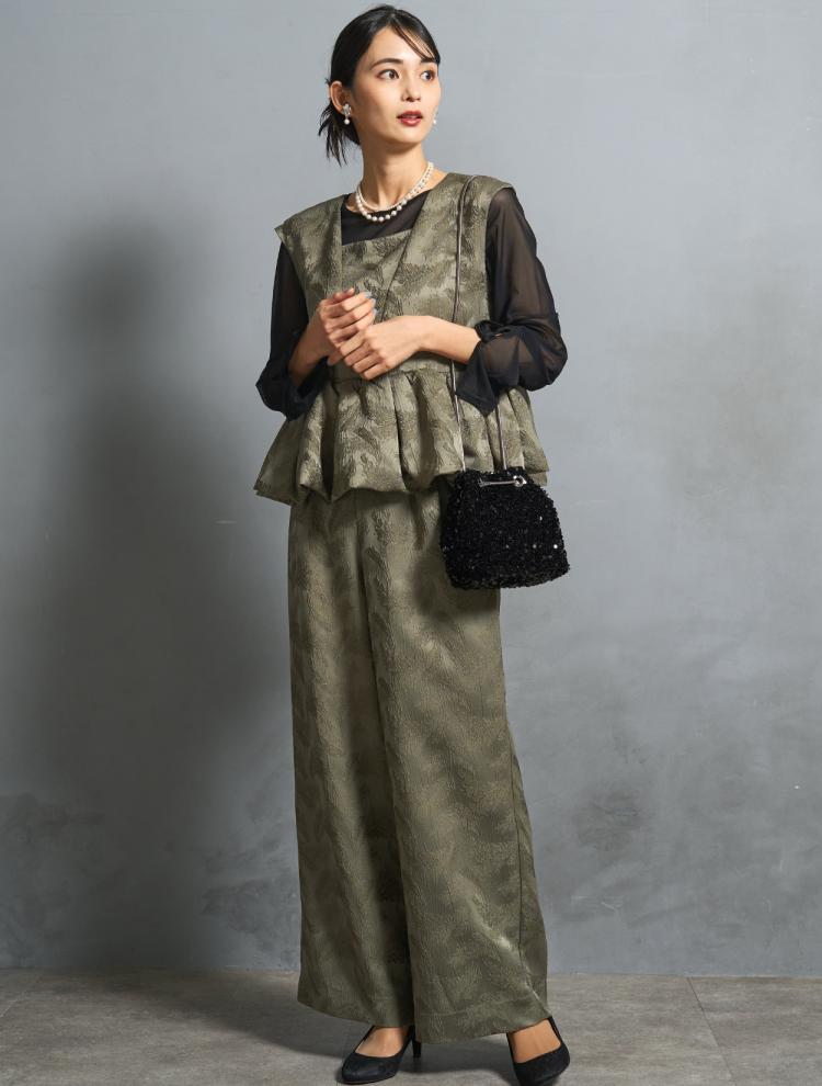 【S/M/L】ジャガードセパレートパンツドレス（カーキ）ブラウスセットDPSET0804