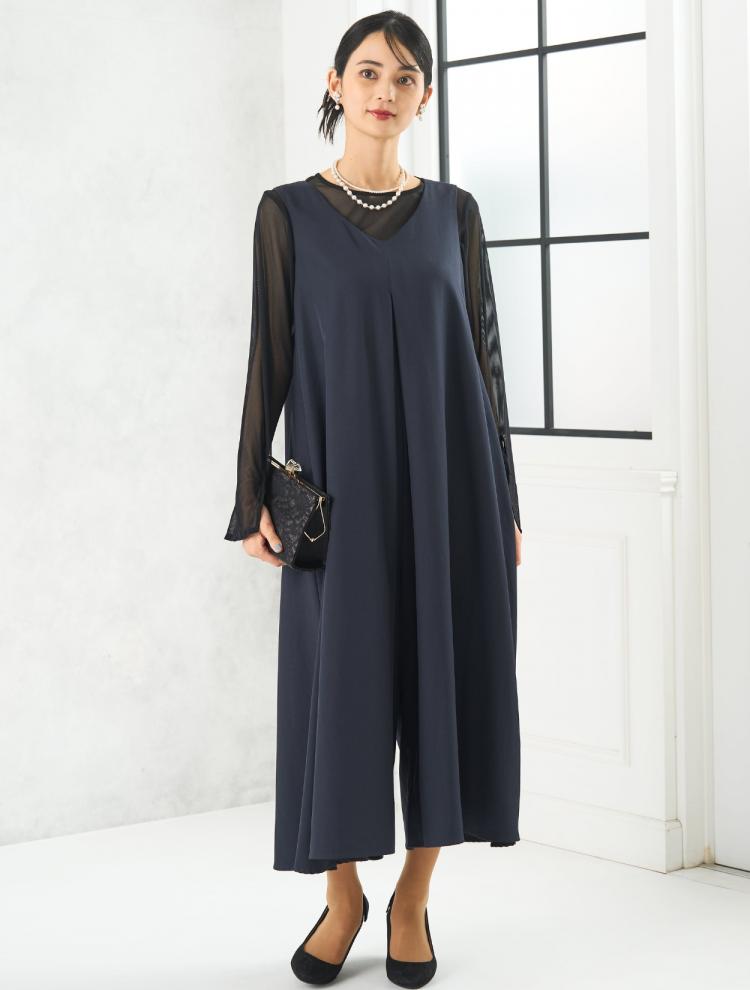 【M】ワイドパンツコンビネゾンドレス（ネイビー）DPSET0812