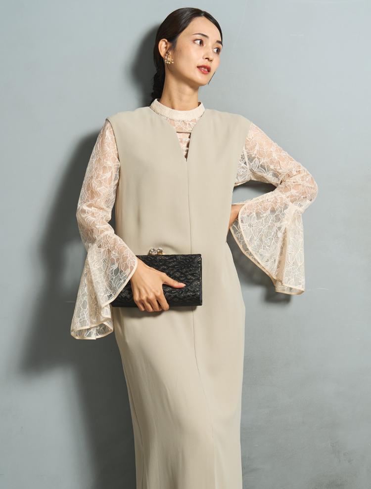 【M/L】ベルスリーブレースブラウス付きドレス（ミントベージュ）DPSET0818