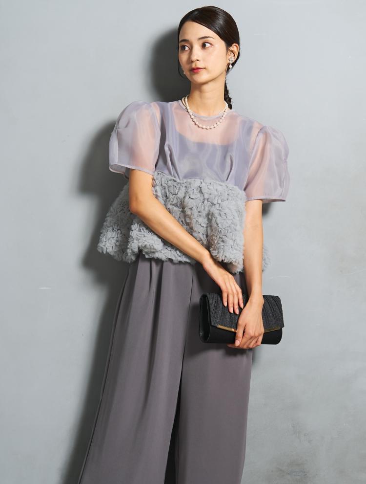 【S/M/L】ペプラムブラウスセットアップパンツドレス（グレー）DPSET0822