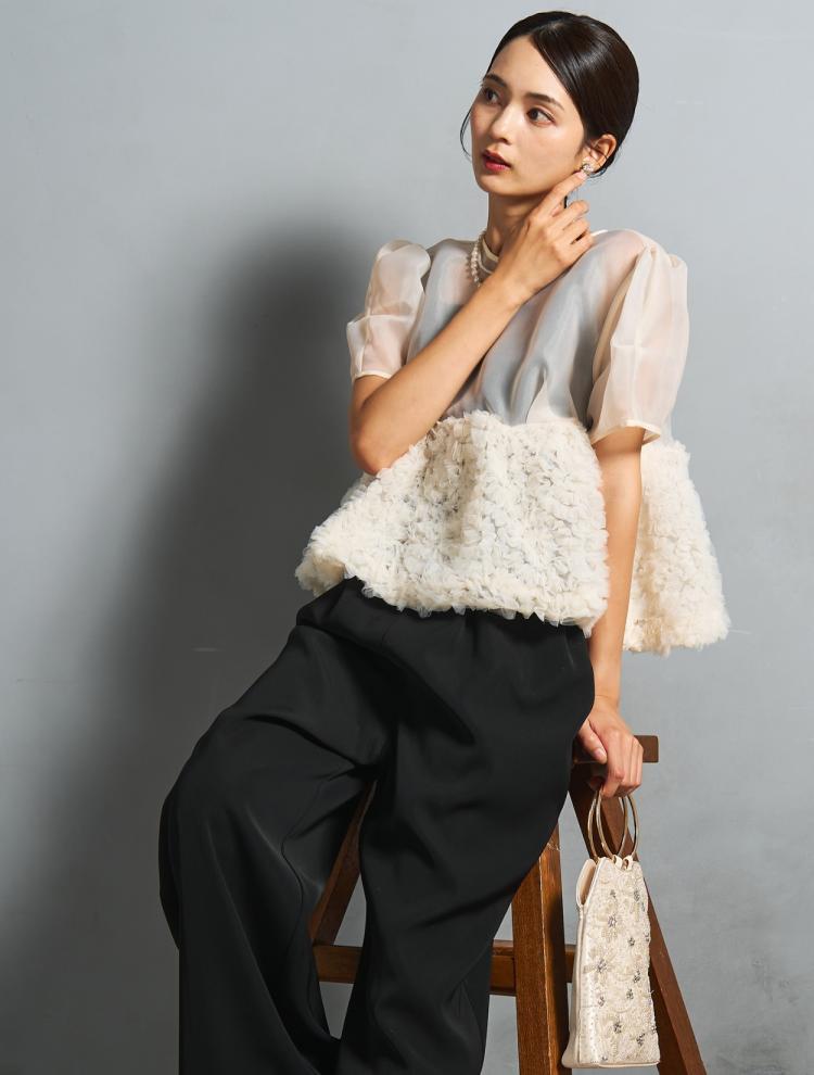 【S/M/L】ペプラムブラウスセットアップパンツドレス（ベージュ）DPSET0824