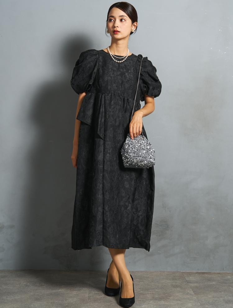 【M】パフスリーブミモレ丈ジャガードドレス（ブラック）DPSET0825