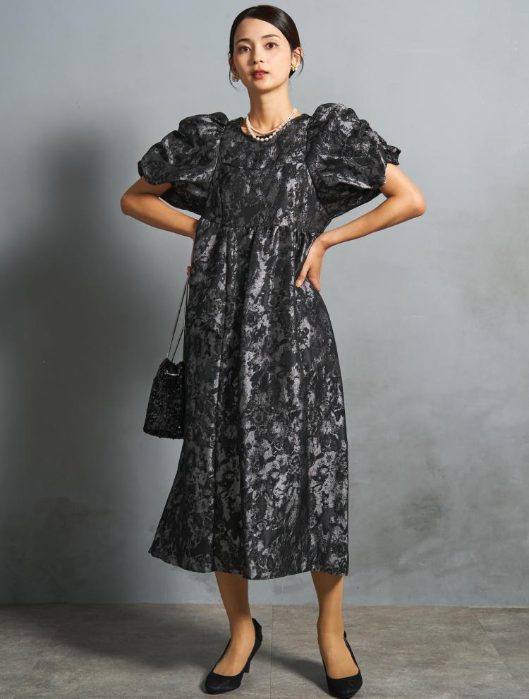 【M】パフスリーブミモレ丈ジャガードドレス（グレー）DPSET0827