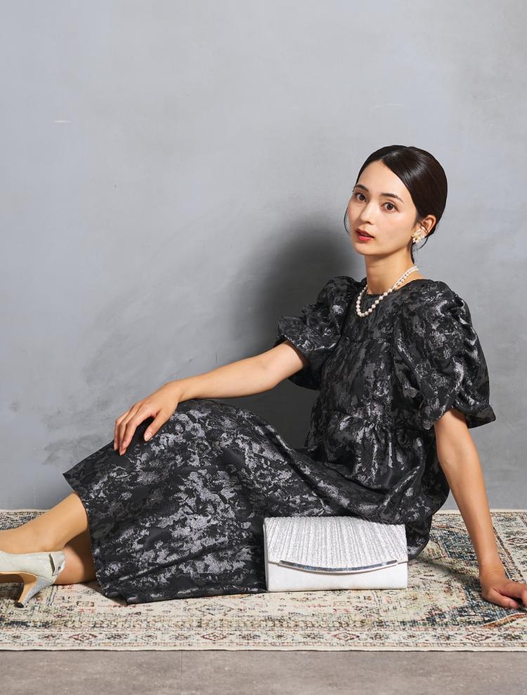 【M】パフスリーブミモレ丈ジャガードドレス（グレー）DPSET0828