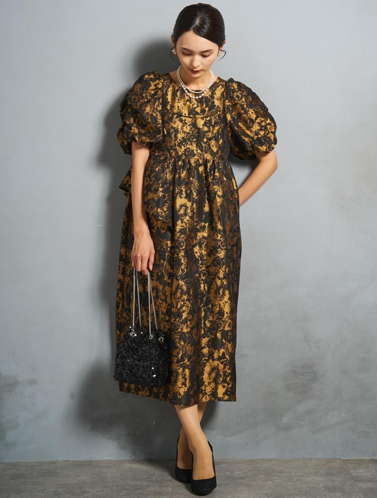 【M】パフスリーブミモレ丈ジャガードドレス（ブロンズ）DPSET0829