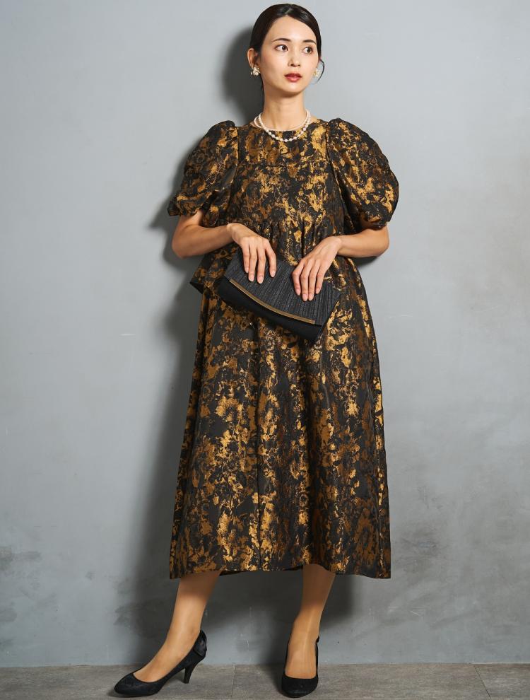 【M】パフスリーブミモレ丈ジャガードドレス（ブロンズ）DPSET0830