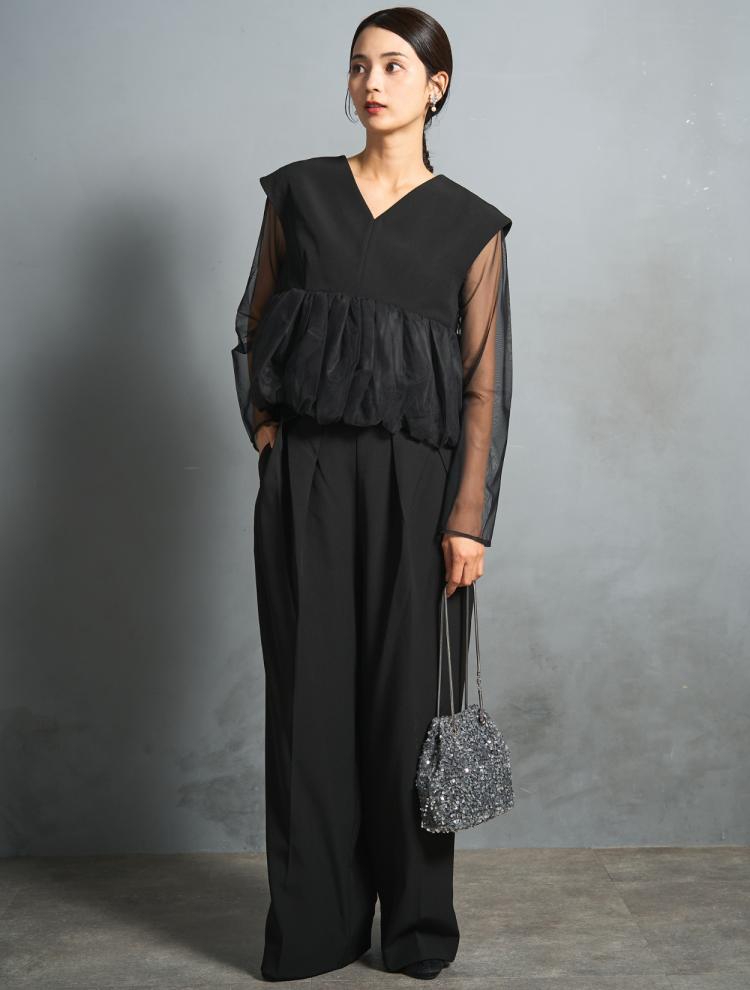 【S/M/L】チュールペプラムセットアップパンツドレス（ブラック）DPSET0832