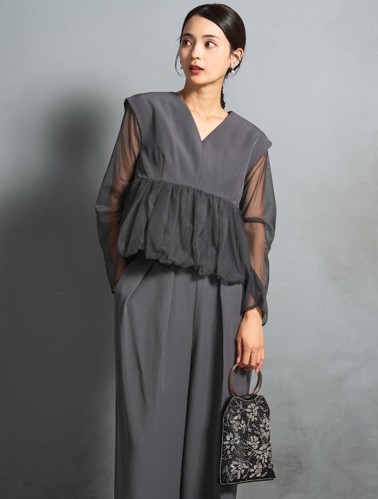 【S/M/L】チュールペプラムセットアップパンツドレス（Cグレー）DPSET0833