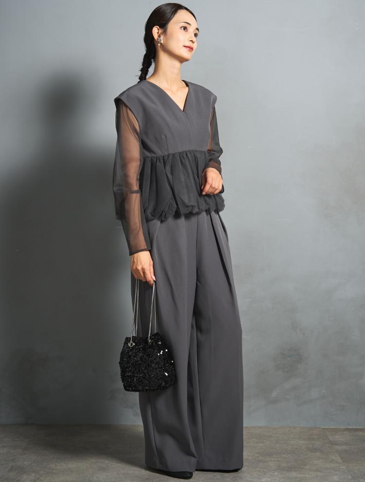 【S/M/L】チュールペプラムセットアップパンツドレス（Cグレー）DPSET0834