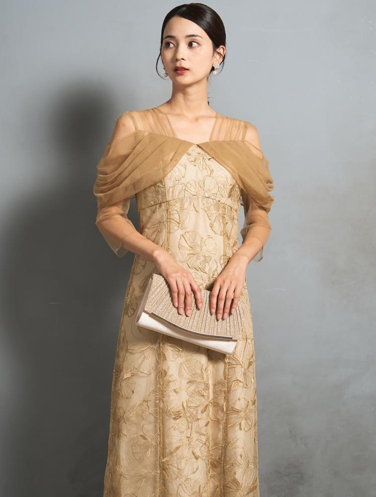 【M/L】スパンコール刺繍オフショルダ−ドレス(イエロー)DPSET0835