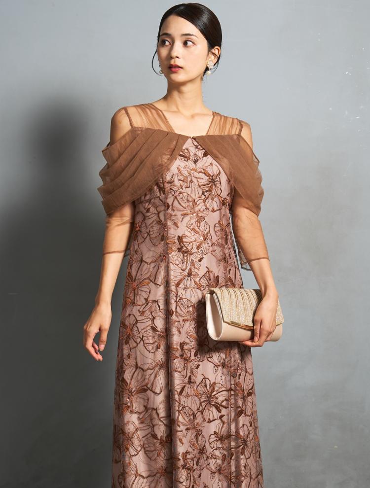 【M/L】スパンコール刺繍オフショルダ−ドレス（ブラウン）DPSET0837