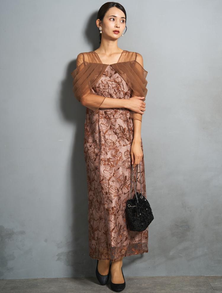 【M/L】スパンコール刺繍オフショルダ−ドレス（ブラウン）DPSET0838