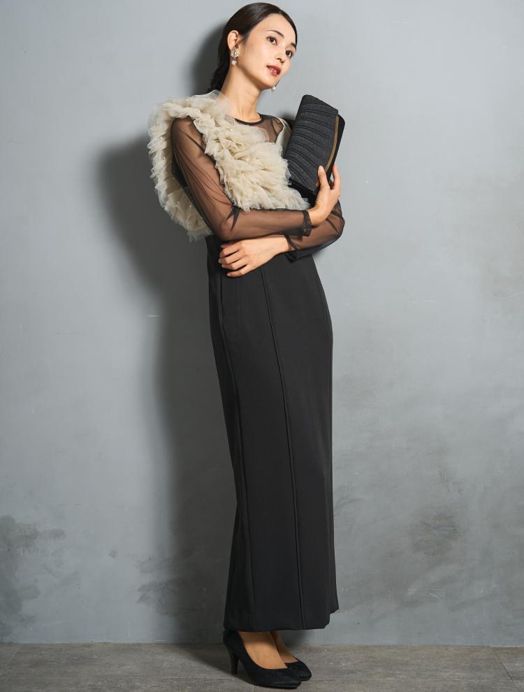 【M/L】パールビスチェロングドレス（ベージュ）DPSET0845