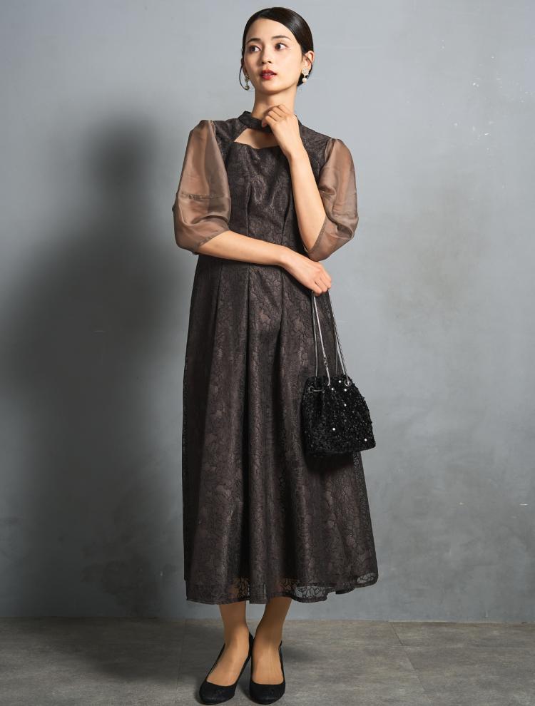 【M/L】レース×カットアウトミモレ丈ドレス（ブラウン）DPSET0851