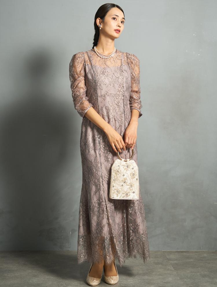 【M】ギャザースリーブマーメイドドレス（グレイッシュピンク）DPSET0873