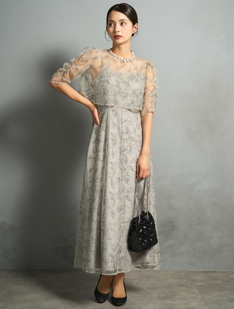 【M/L】フラワーレースレイヤードドレス（グレイッシュグリーン）DPSET0878