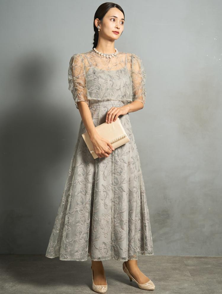 【M/L】フラワーレースレイヤードドレス（グレイッシュグリーン）DPSET0879