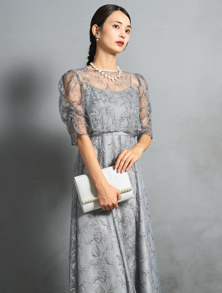 【M/L】フラワーレースレイヤードドレス（ブルーグレー）DPSET0881