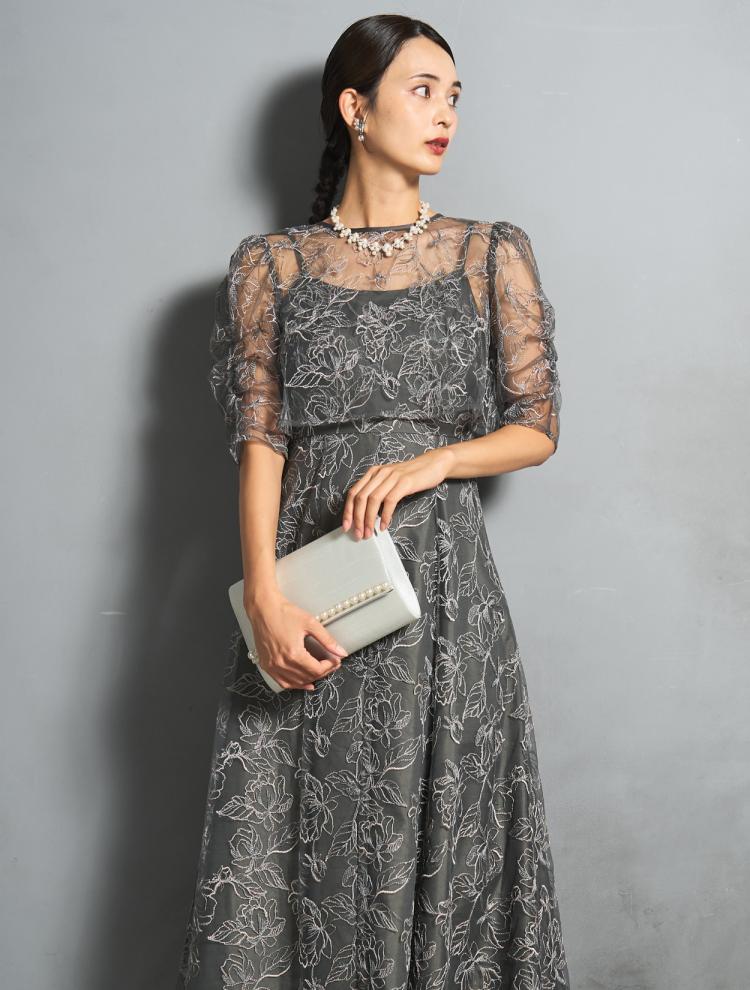 【M/L】フラワーレースレイヤードドレス（グレー）DPSET0883