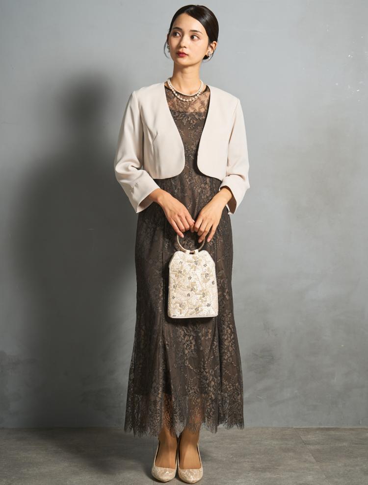 【M】ギャザースリーブマーメイドドレス（ブラウン）DPSET0884