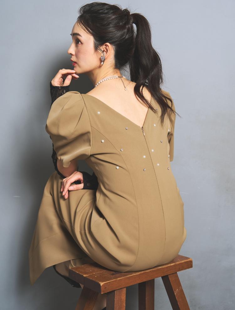 【M/L】アームカバー付きパールドレス（ベージュ）DPSET0901