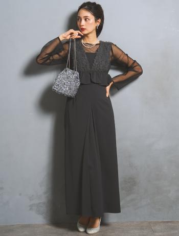 【S/M/L】シアーブラウス付きVネックチュールドレス(グレー)DPSET0902