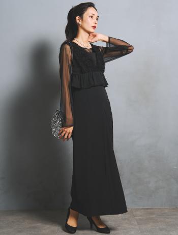 【S/M/L】シアーブラウス付きVネックチュールドレス（ブラック）DPSET0904