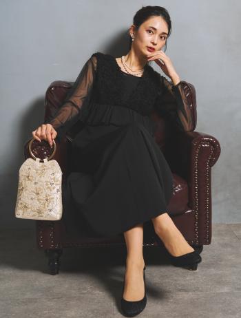 【S/M/L】シアーブラウス付きVネックチュールドレス（ブラック）DPSET0905